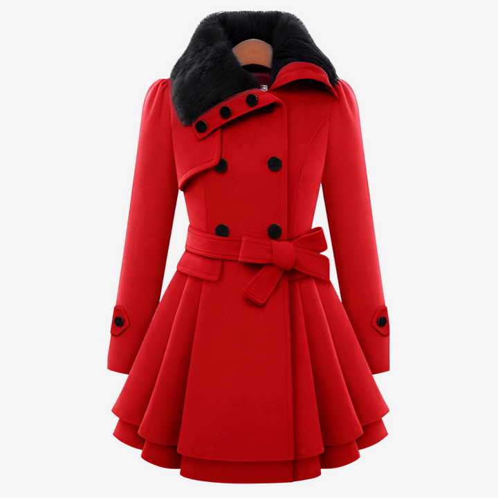 Red belted coat with faux fur collar