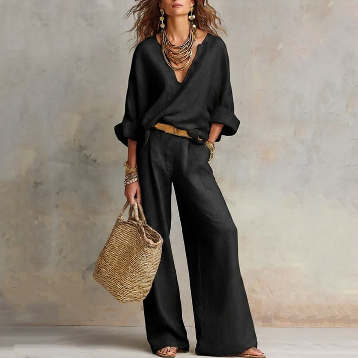 Ilaina™ | V-Neck Top & Wide-Leg Trousers Set
