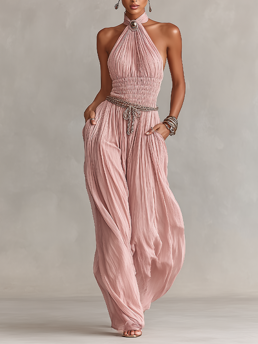Margaux – Pleated Pink Jumpsuit with Halter Neck & Ruched Waist