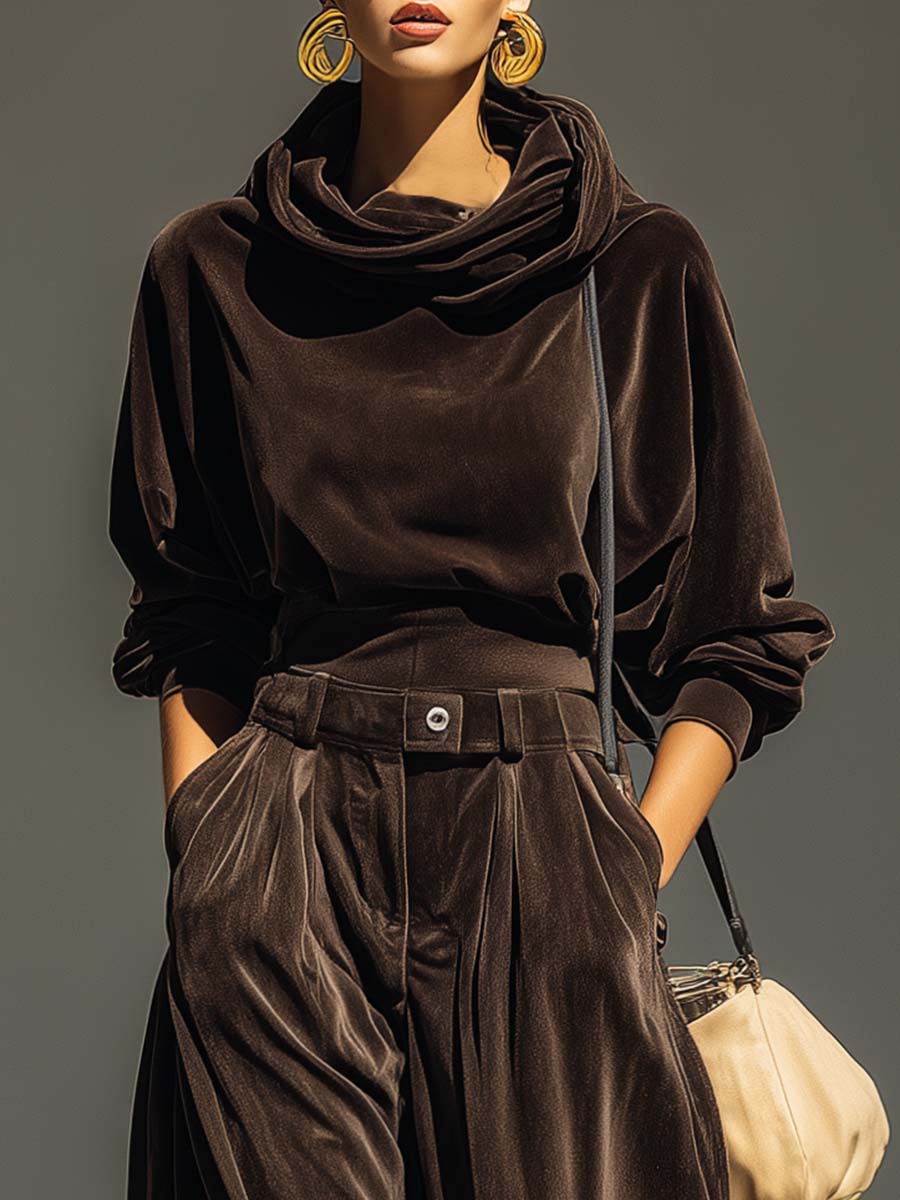 Olivia™ | Vintage Brown Velvet Hoodie and Relaxed Trousers Set