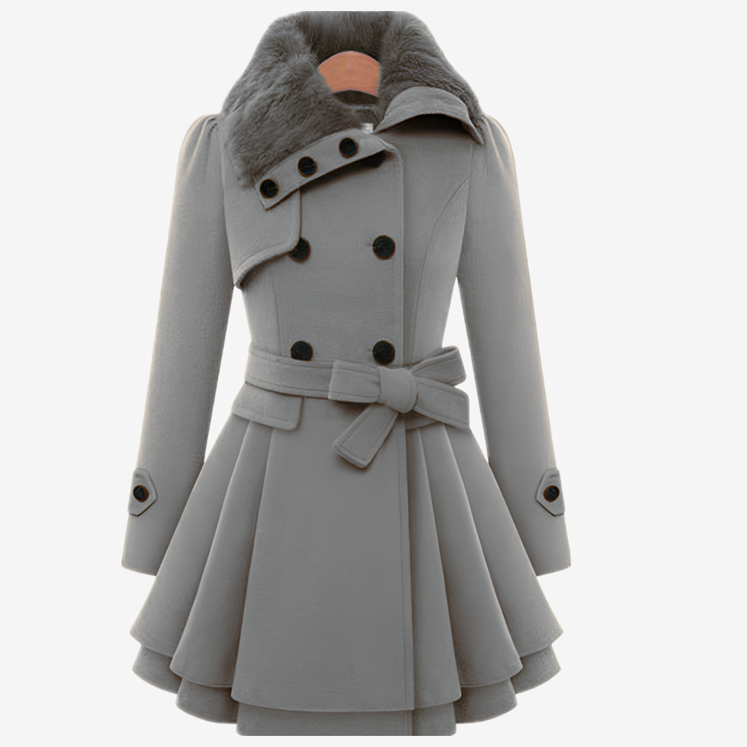 Gray belted coat with faux fur collar
