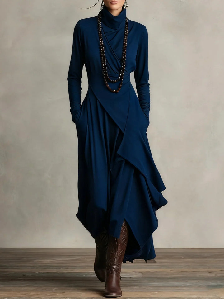 Sandra | Purple Asymmetrical Pleated Maxi Dress with High Neck