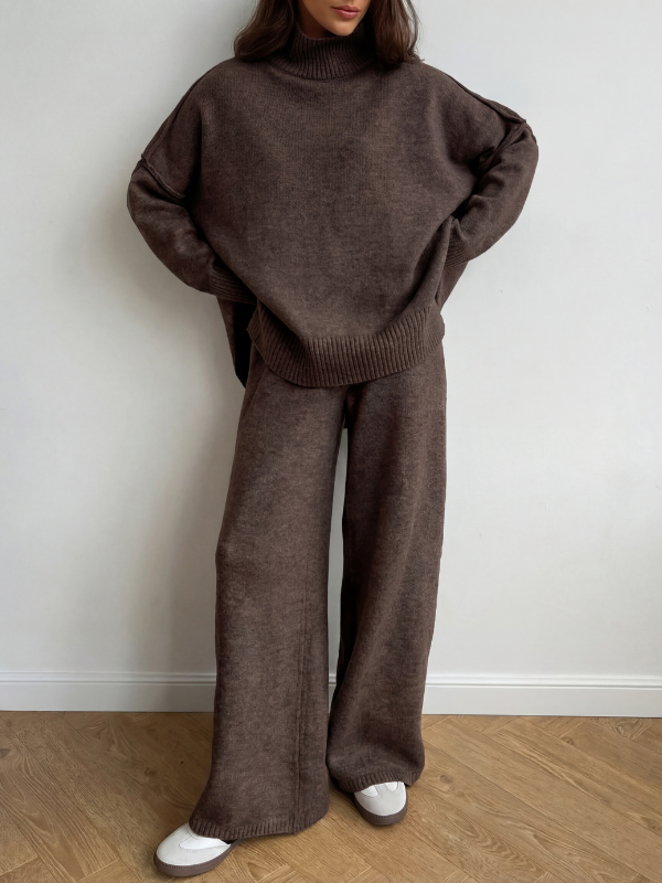 Coffee Brown turtleneck sweater and wide-leg pants set