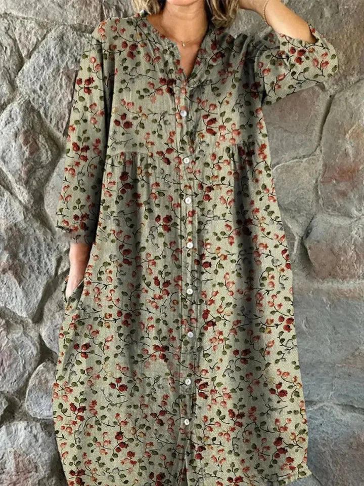 Rachel - Retro Floral Cotton Shirt Dress with Pockets
