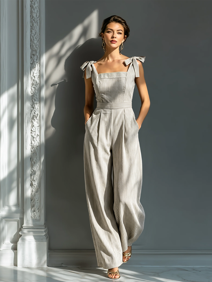 Céleste – Striped Beige & White Linen Blend Jumpsuit