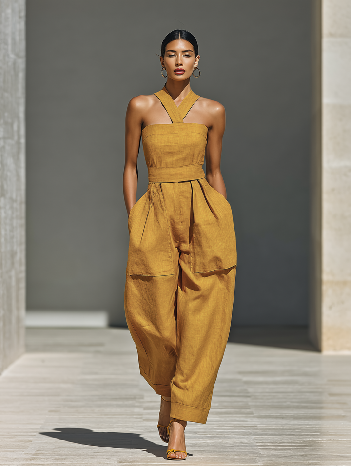 Gabrielle – Mustard Yellow Linen Jumpsuit