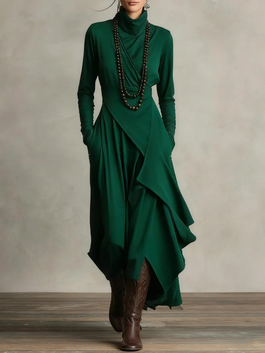 Sandra | Purple Asymmetrical Pleated Maxi Dress with High Neck