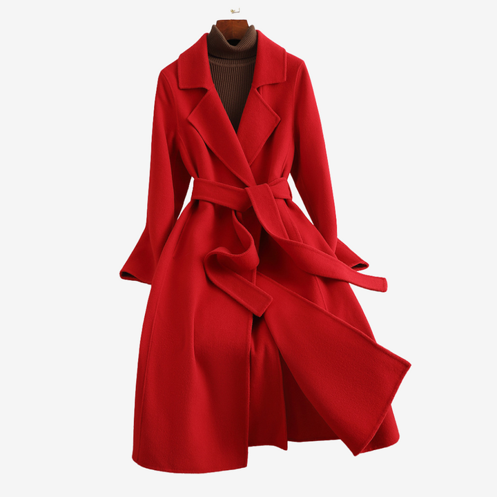 Red belted trench coat