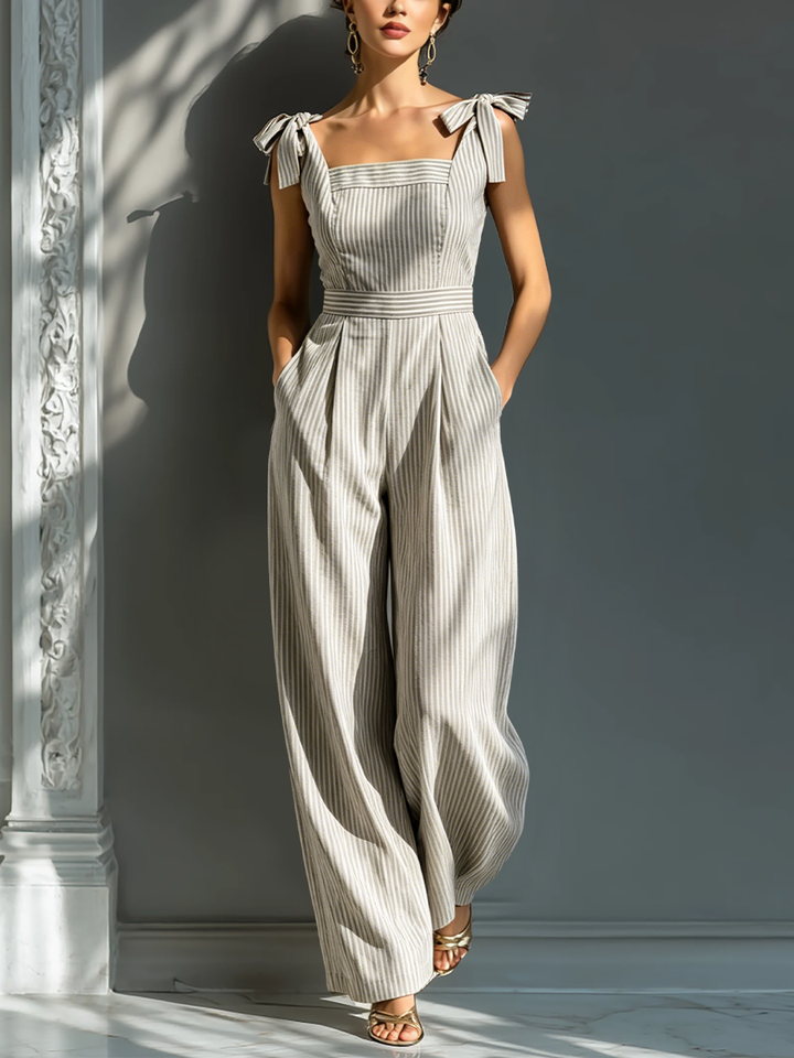Céleste – Striped Beige & White Linen Blend Jumpsuit