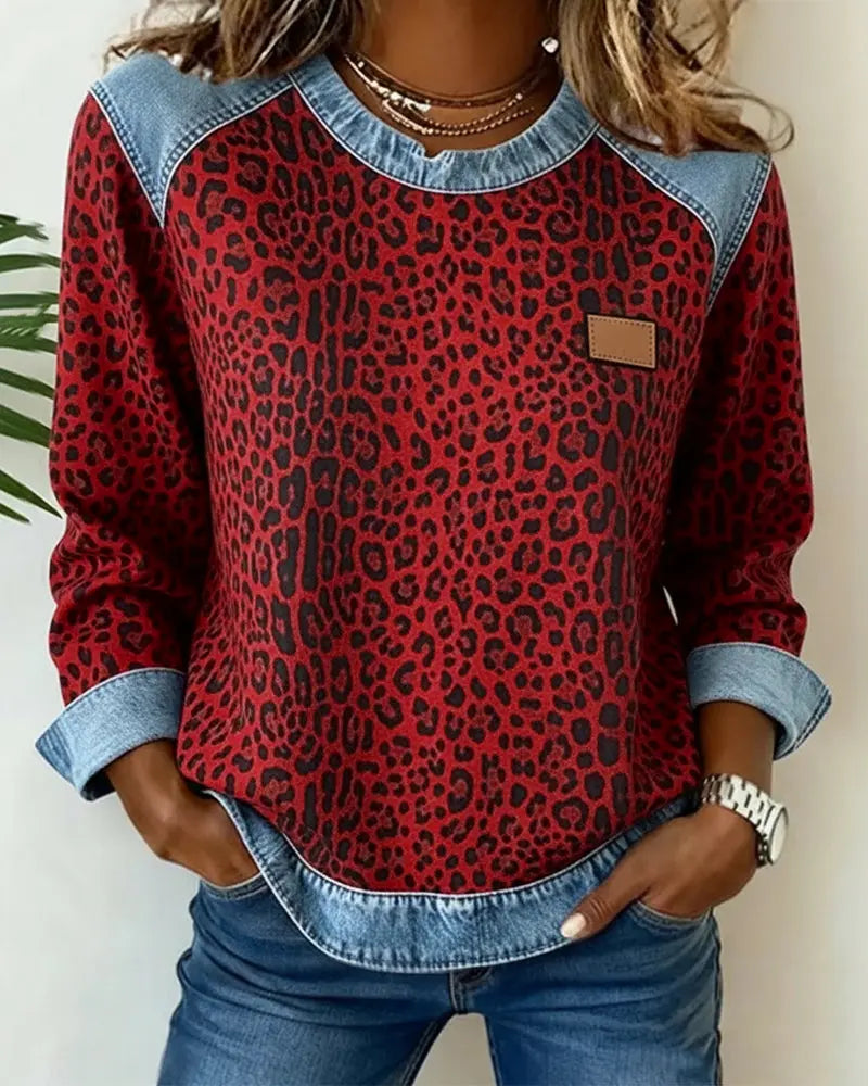 Molly - Leopard Print Patchwork Denim Sweater