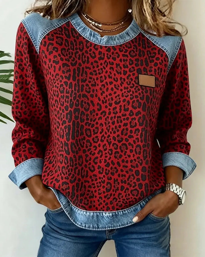 Molly - Leopard Print Patchwork Denim Sweater