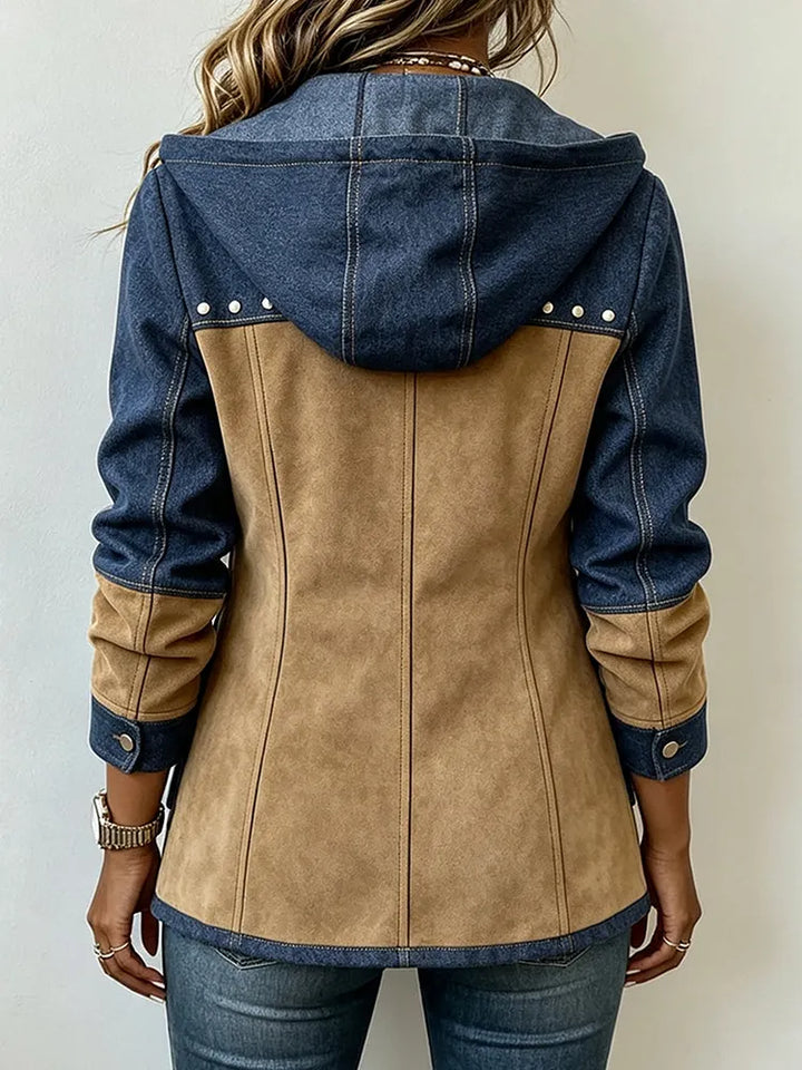 Chic denim patchwork suede jacket with hood