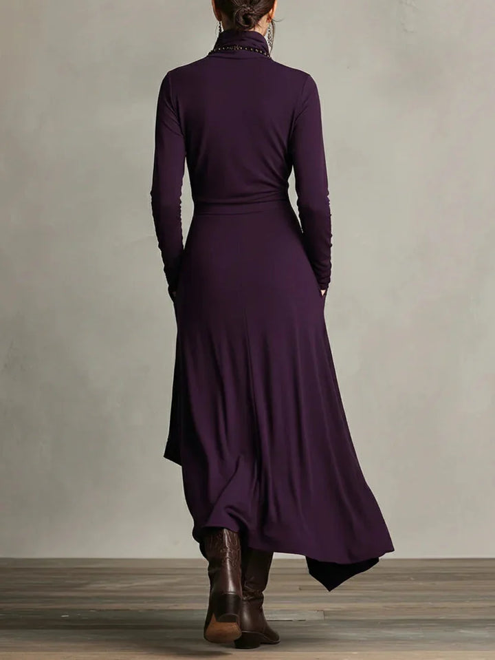 Sandra | Purple Asymmetrical Pleated Maxi Dress with High Neck