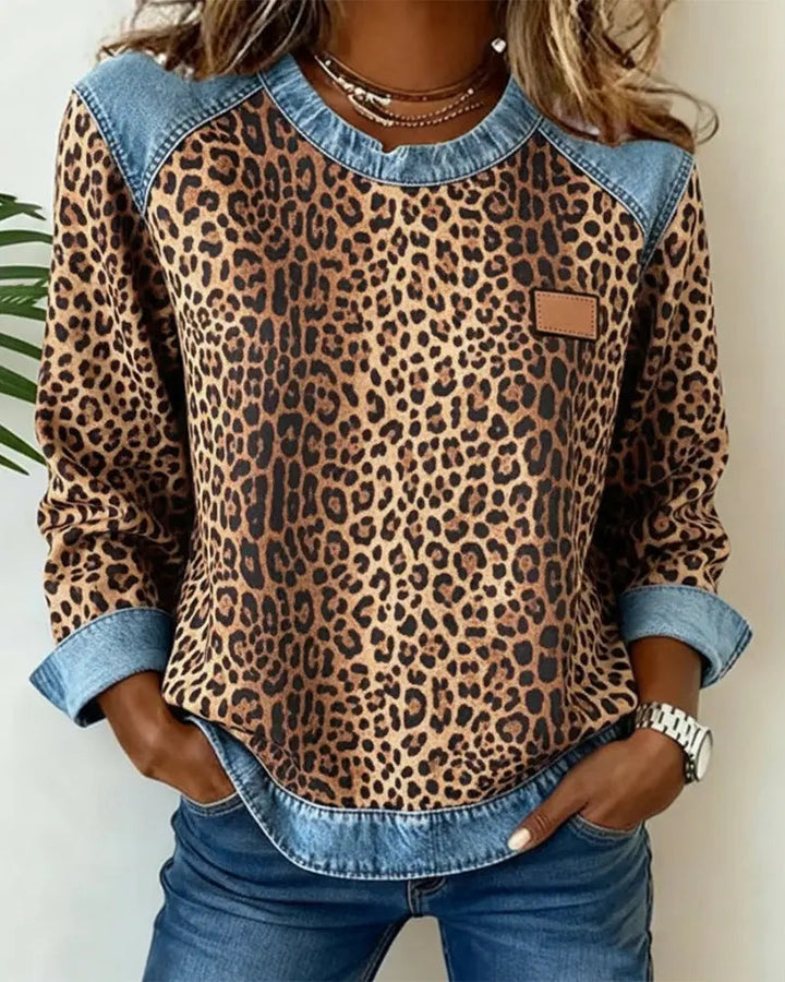 Molly - Leopard Print Patchwork Denim Sweater