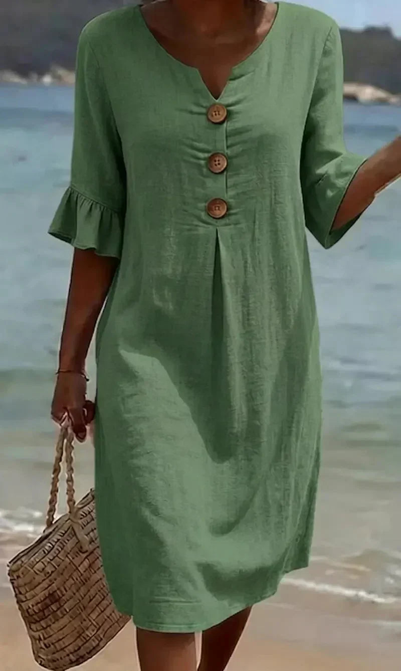 Vanesa™ | Textured Linen Puff-Sleeve Dress