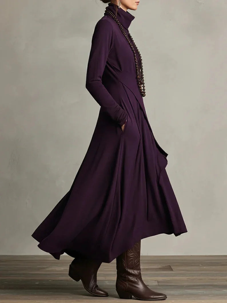 Sandra | Purple Asymmetrical Pleated Maxi Dress with High Neck