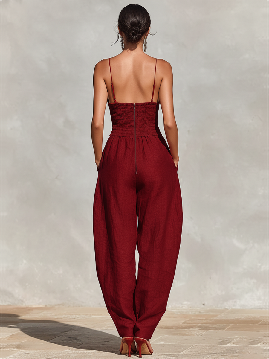 Estelle – Red Linen Jumpsuit with Delicate Straps