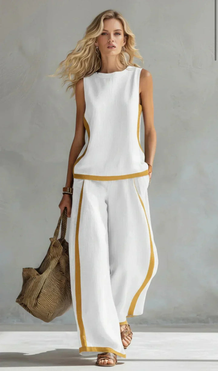 Ursula – Chic Casual Cardigan & Pants Set with Two-Tone Trim