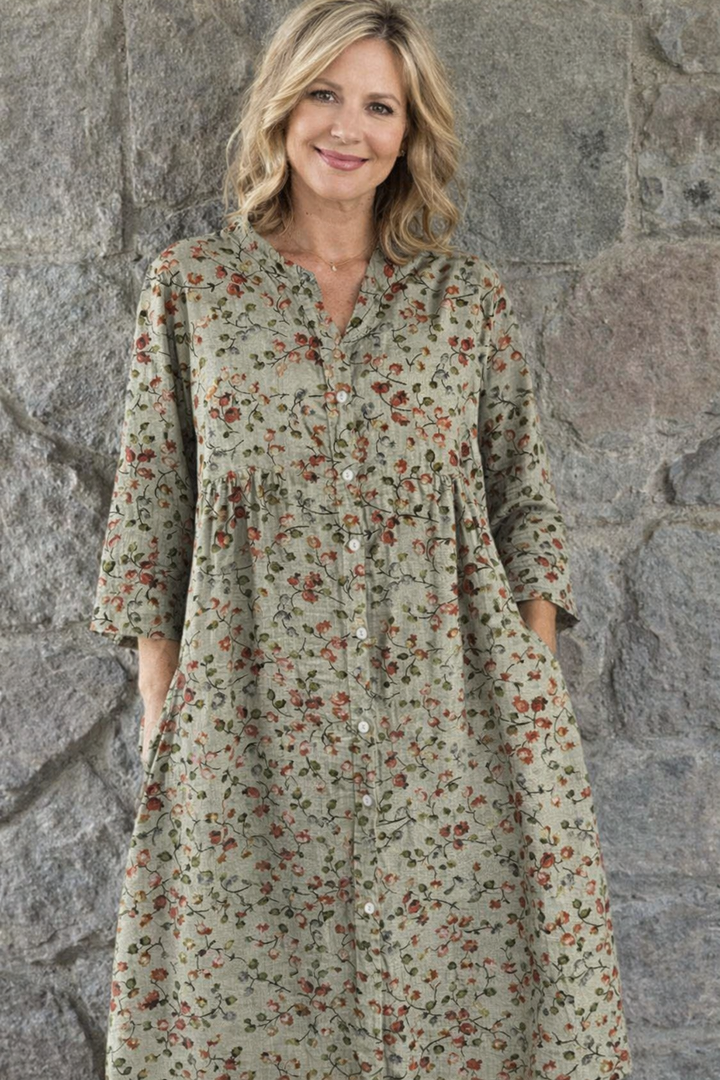 Rachel - Retro Floral Cotton Shirt Dress with Pockets
