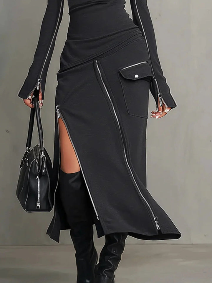High-neck zip set styling detail