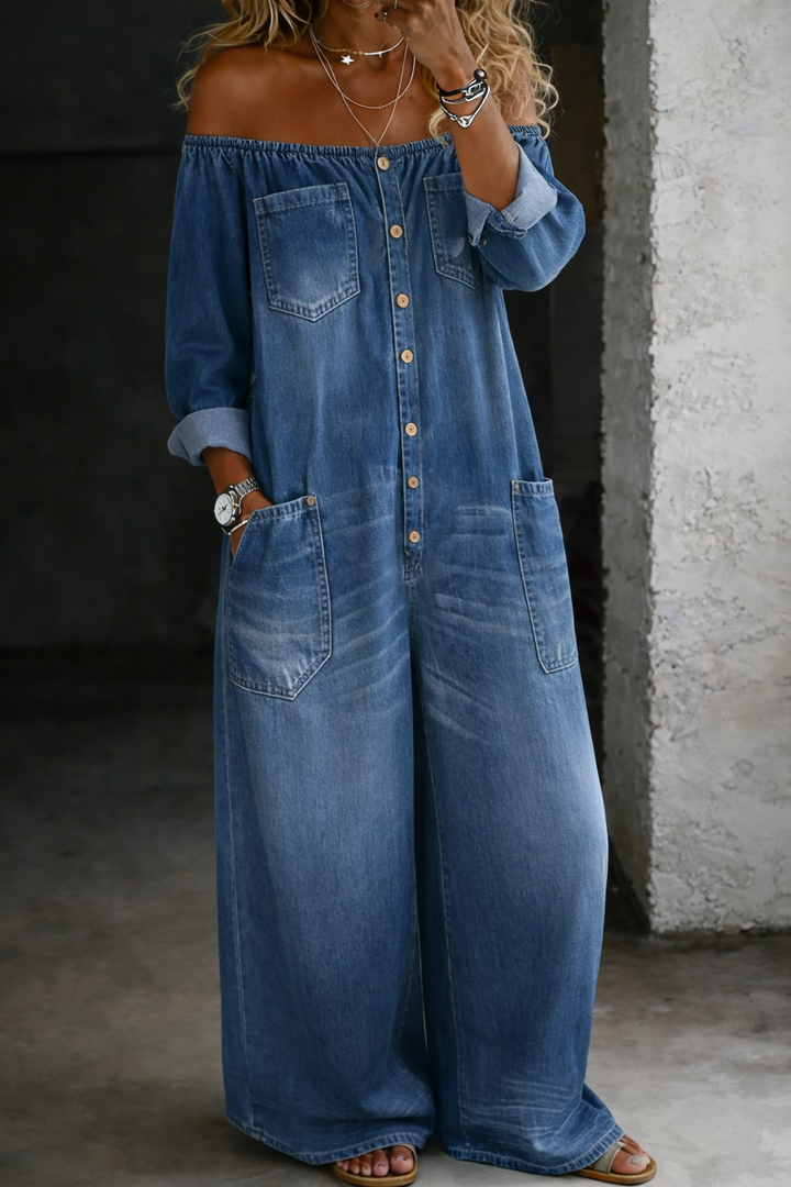 Elena – Off-Shoulder Long-Sleeve Denim Set
