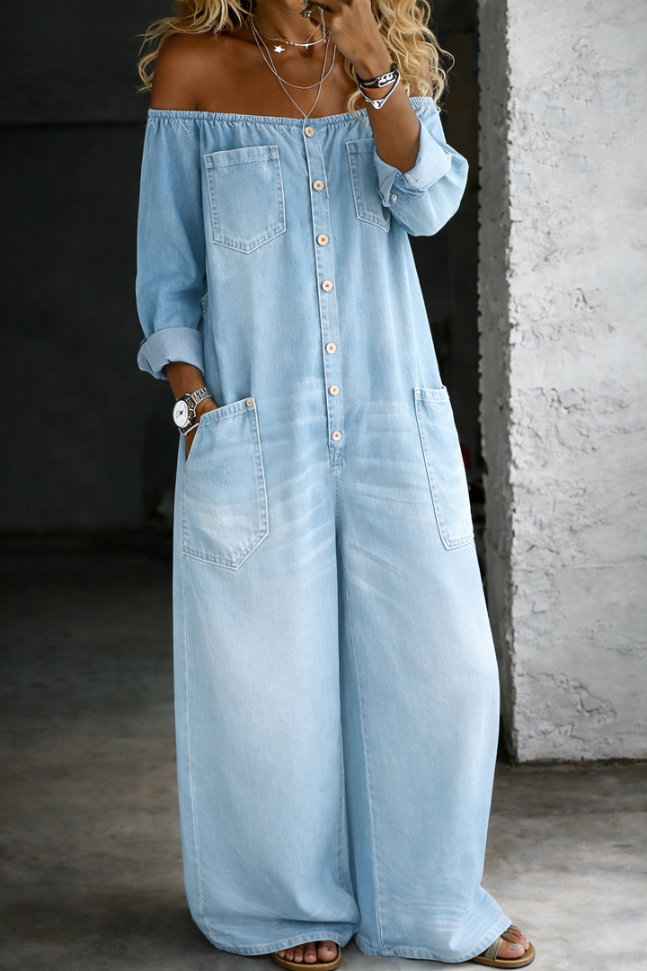 Elena – Off-Shoulder Long-Sleeve Denim Set