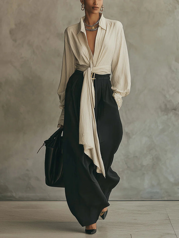 Beige tie-front shirt and pants set