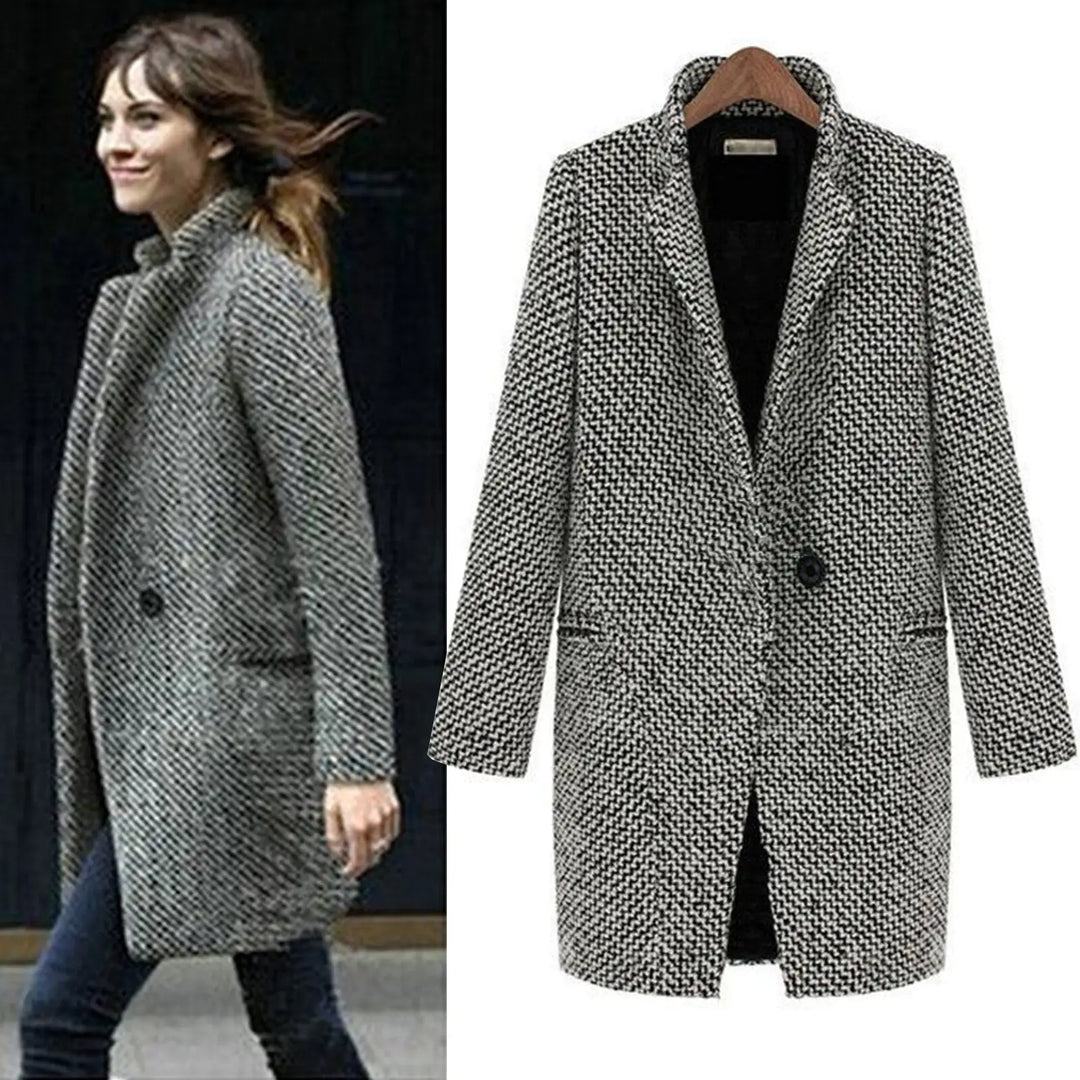 Checked winter coat front view