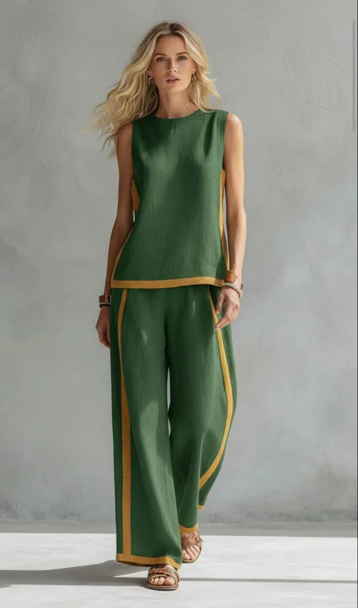 Ursula – Chic Casual Cardigan & Pants Set with Two-Tone Trim