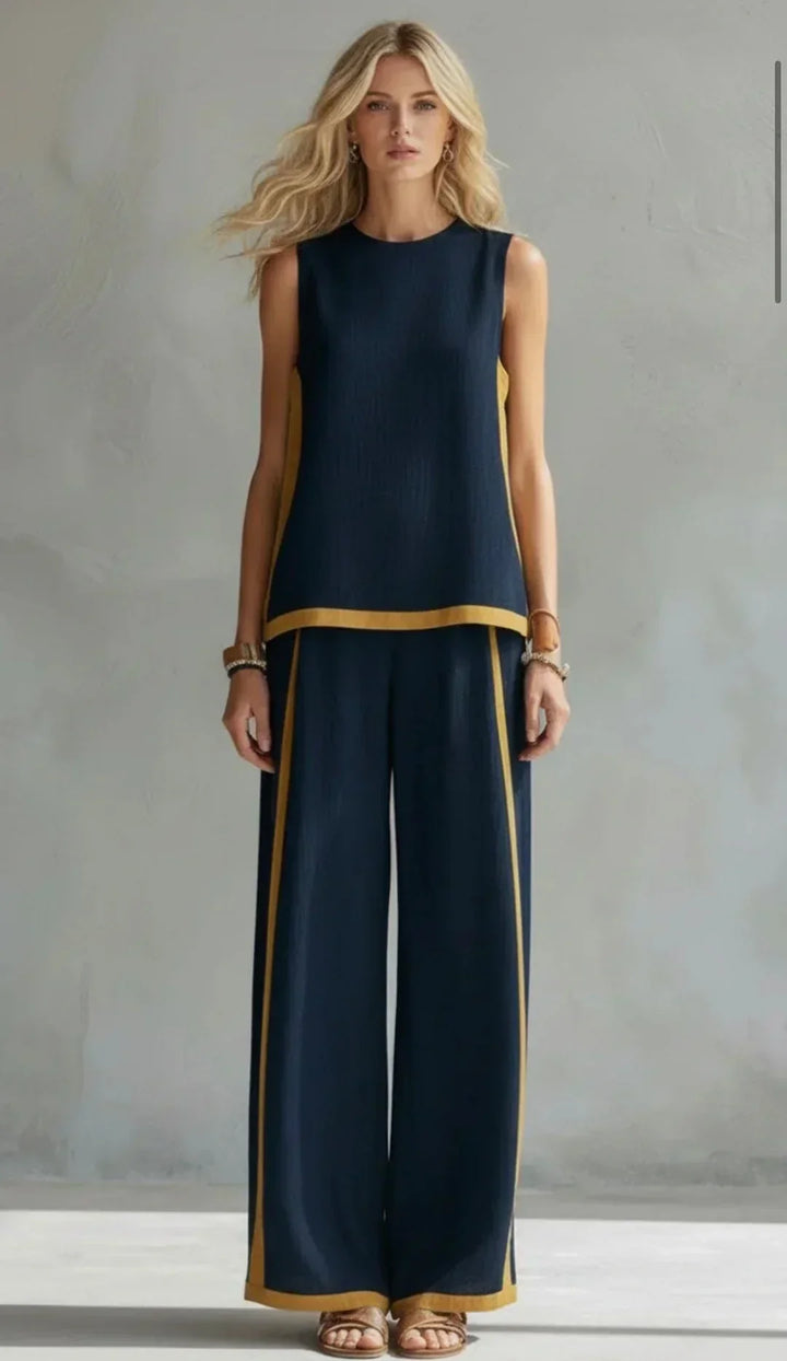 Ursula – Chic Casual Cardigan & Pants Set with Two-Tone Trim