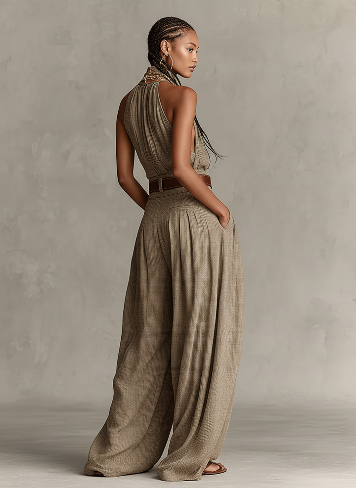 Lucie – Taupe Halter Neck Jumpsuit with Fitted Waist