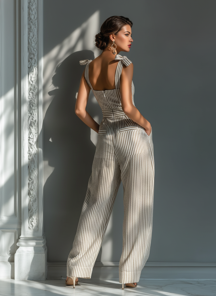Céleste – Striped Beige & White Linen Blend Jumpsuit
