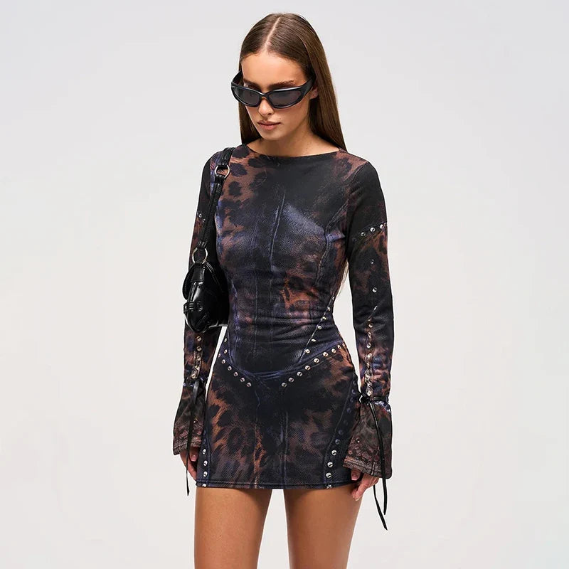 Holly - Leopard Print Slim Flared Long-Sleeved Short Skirt Dress