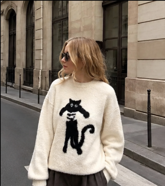 Olivia - Round Neck Cute-Cat Sweater