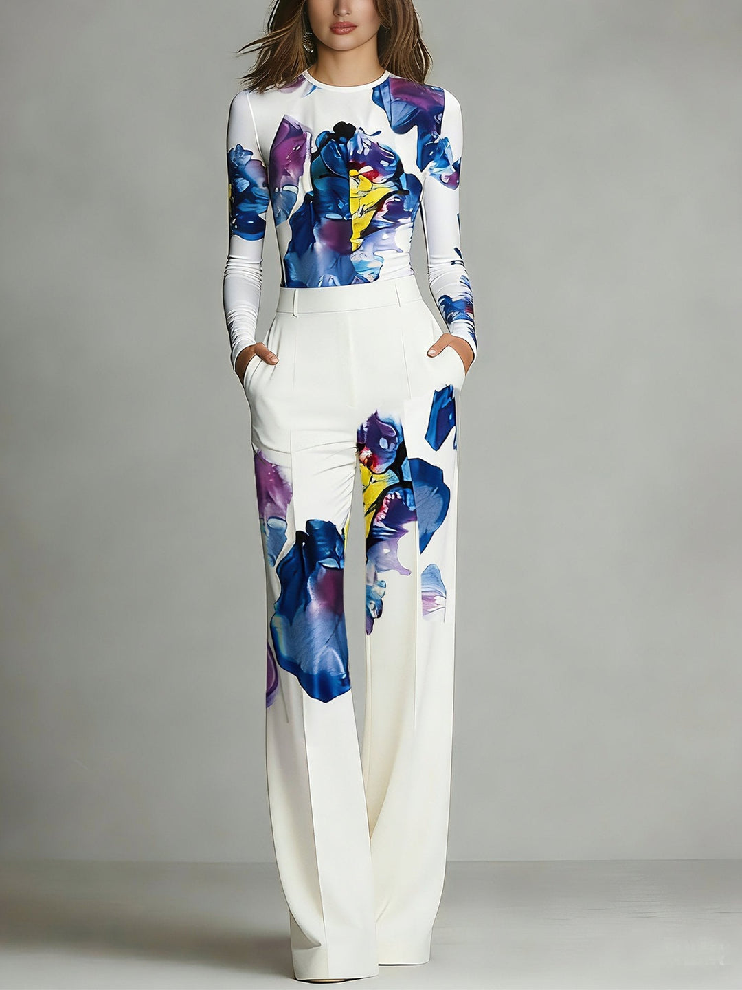 White crew-neck top and pants set