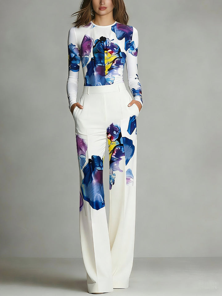 White crew-neck top and pants set