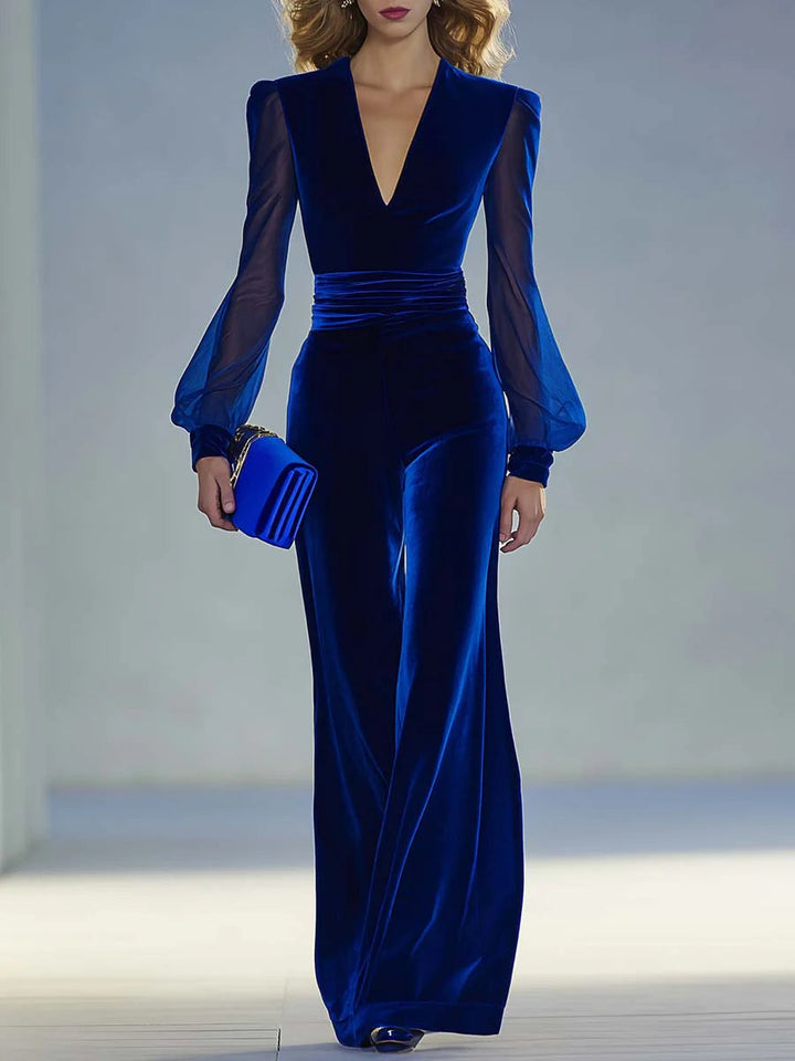Sabrina™ - Long royal velvet jumpsuit with V-neckline and long mesh sleeves, elegant and retro