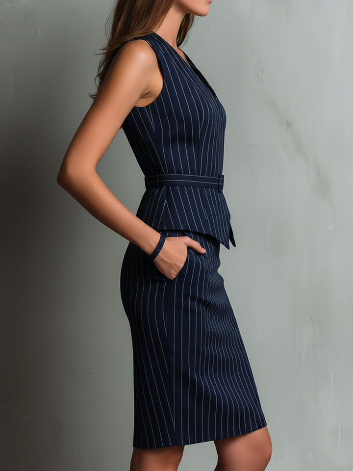 Pinstripe vest and pencil skirt set styling detail
