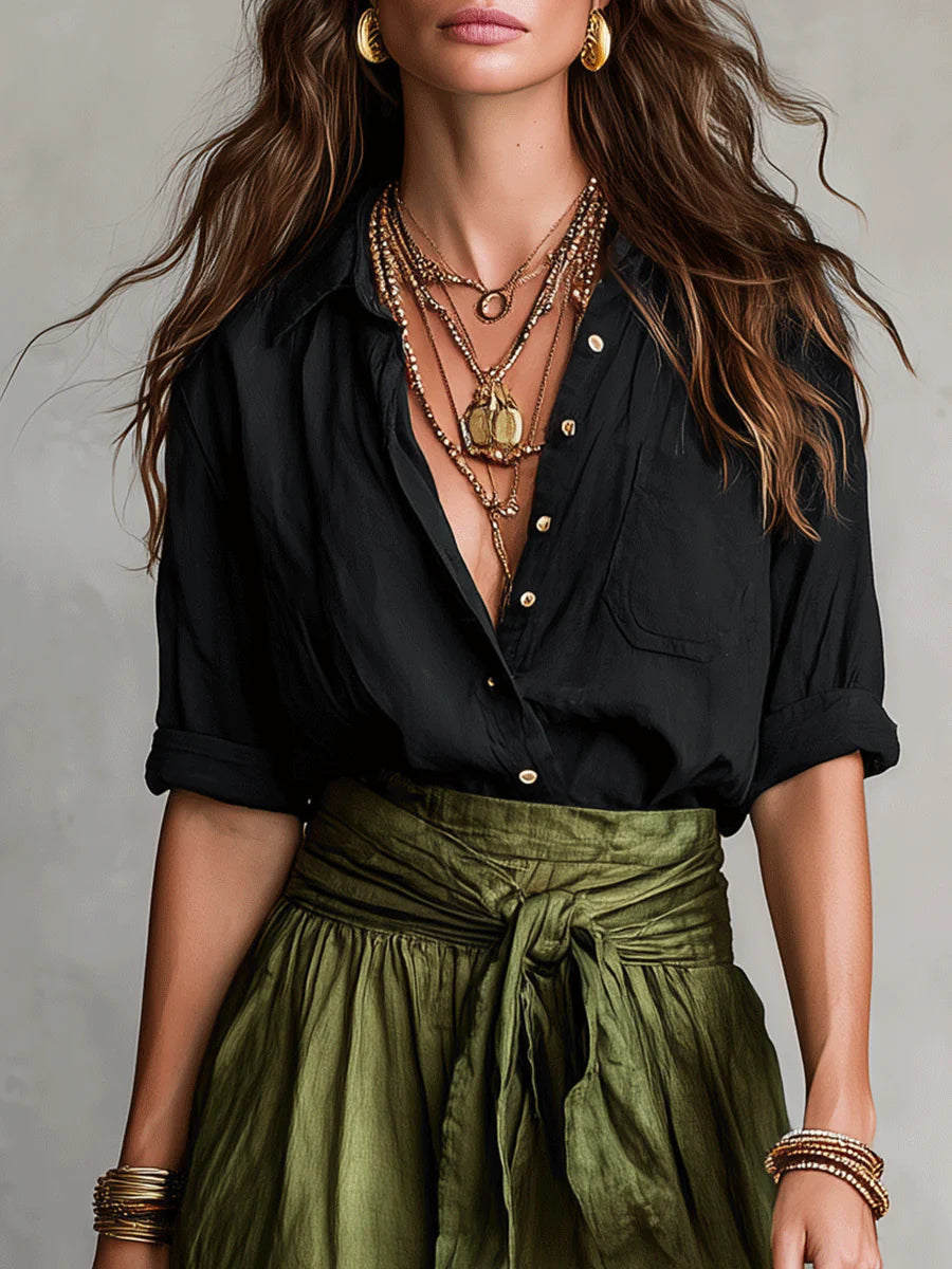 Vera™ | Black Tee & Olive Midi Skirt Set