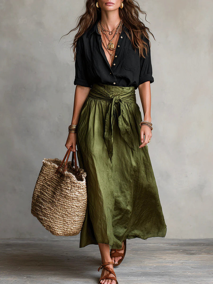 Vera™ | Black Tee & Olive Midi Skirt Set