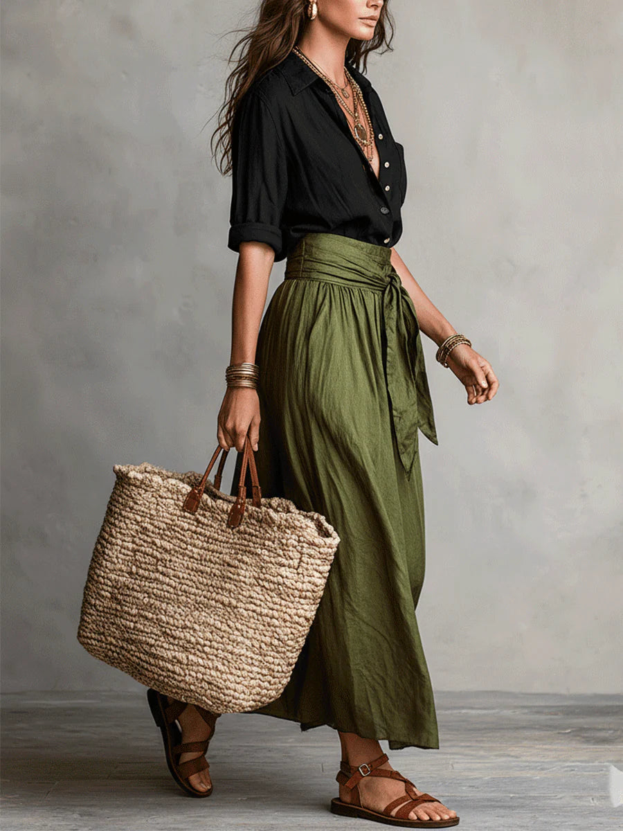 Vera™ | Black Tee & Olive Midi Skirt Set