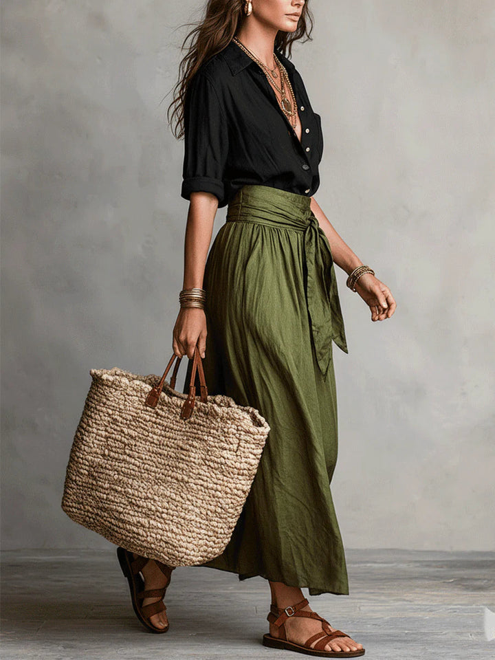 Vera™ | Black Tee & Olive Midi Skirt Set