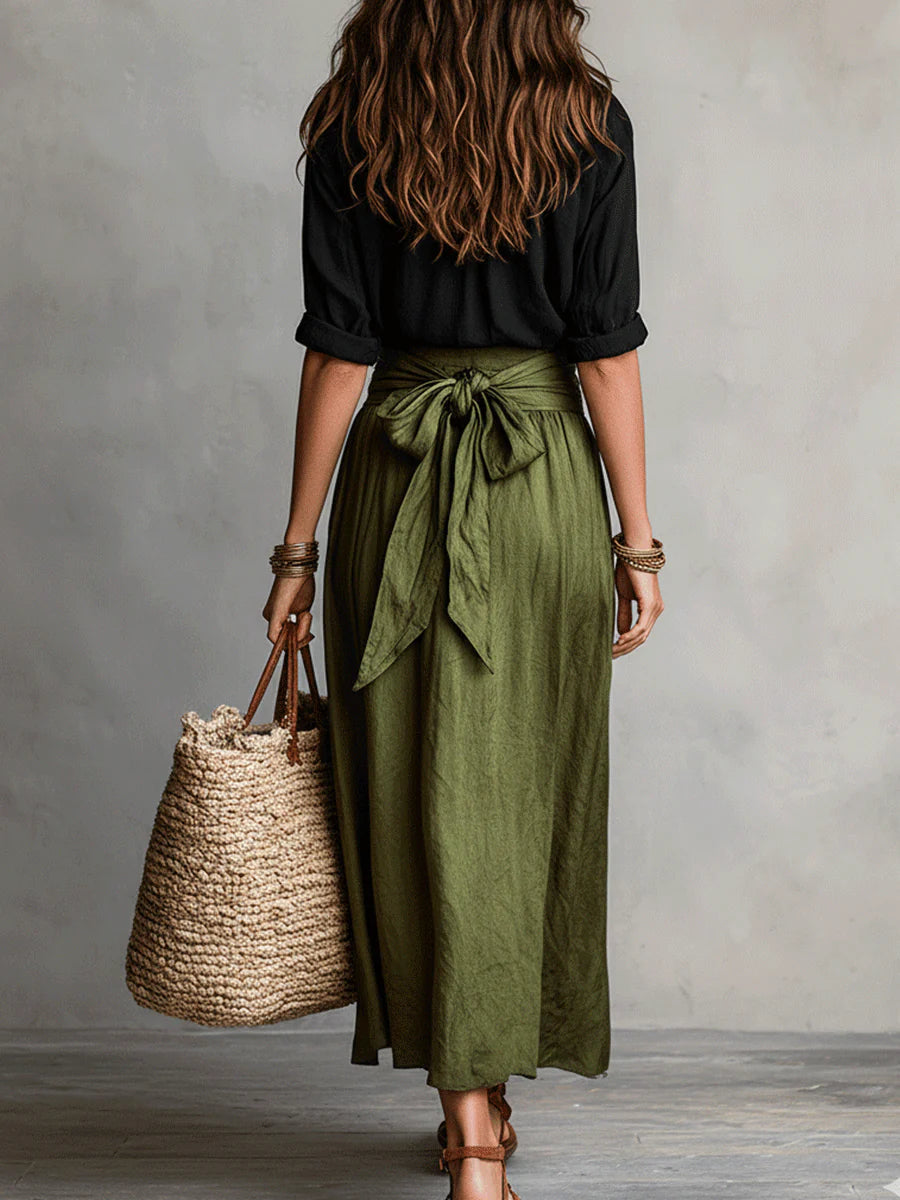 Vera™ | Black Tee & Olive Midi Skirt Set