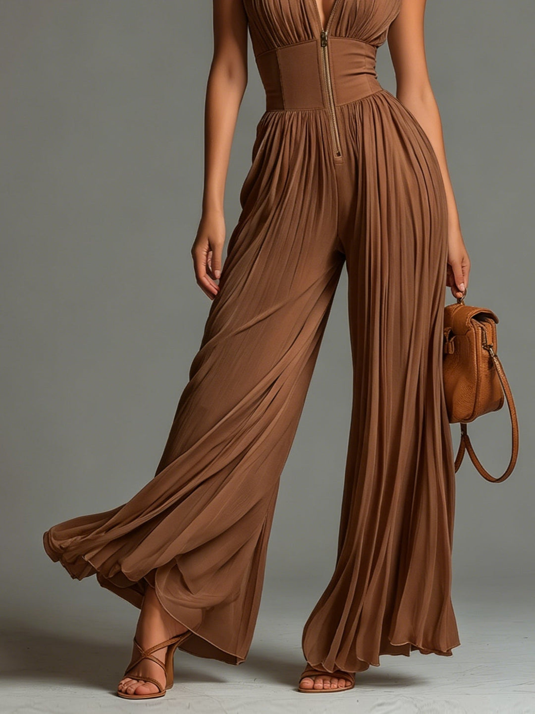 Zsófia Jumpsuit | Jumpsuit made of pleated chiffon in caramel