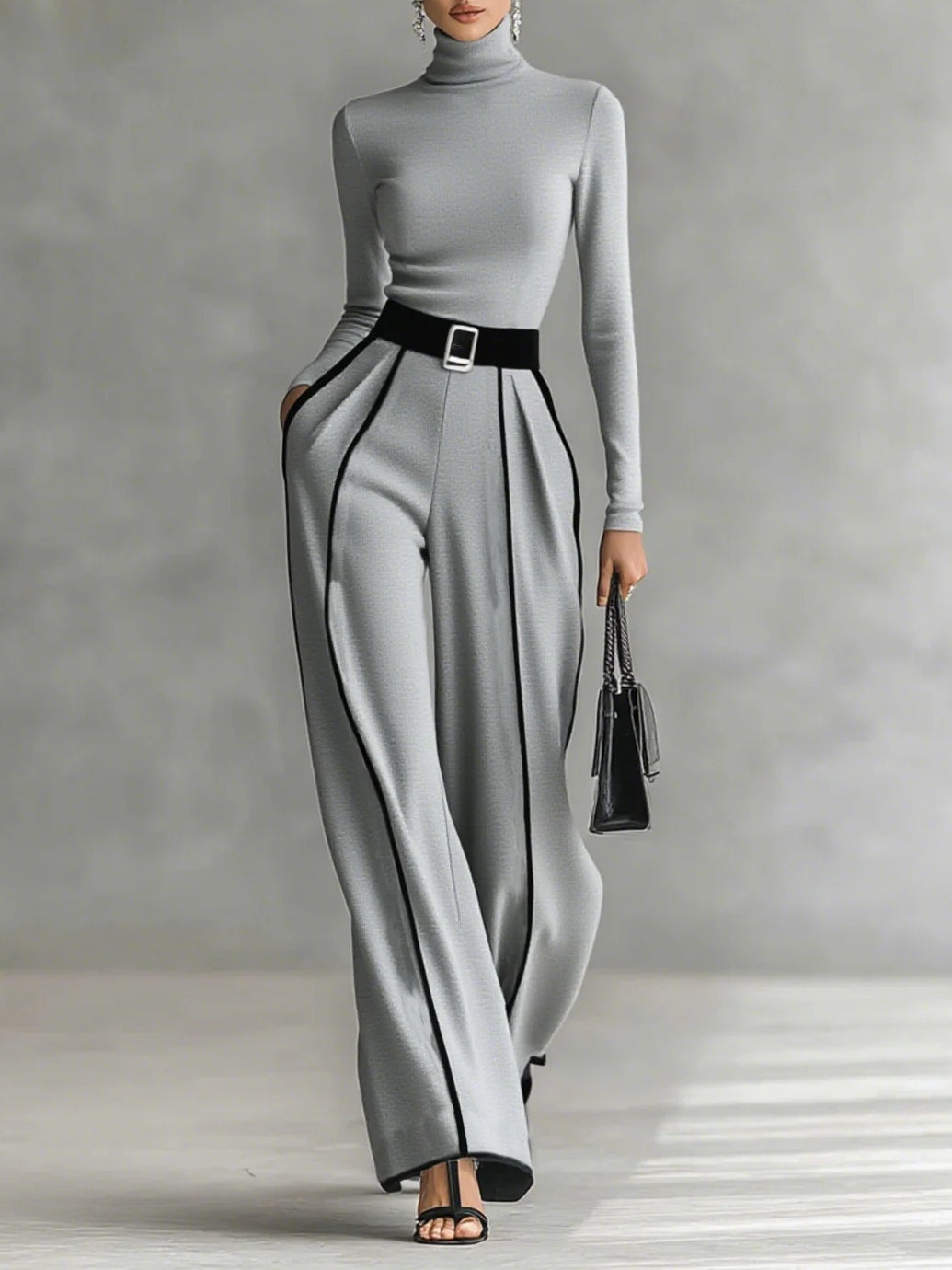 Solana™ - Set of High Neck Top with Long Sleeves and Wide Leg Pants with Belt
