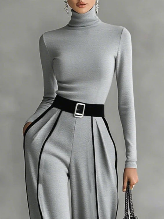 Solana™ - Set of High Neck Top with Long Sleeves and Wide Leg Pants with Belt