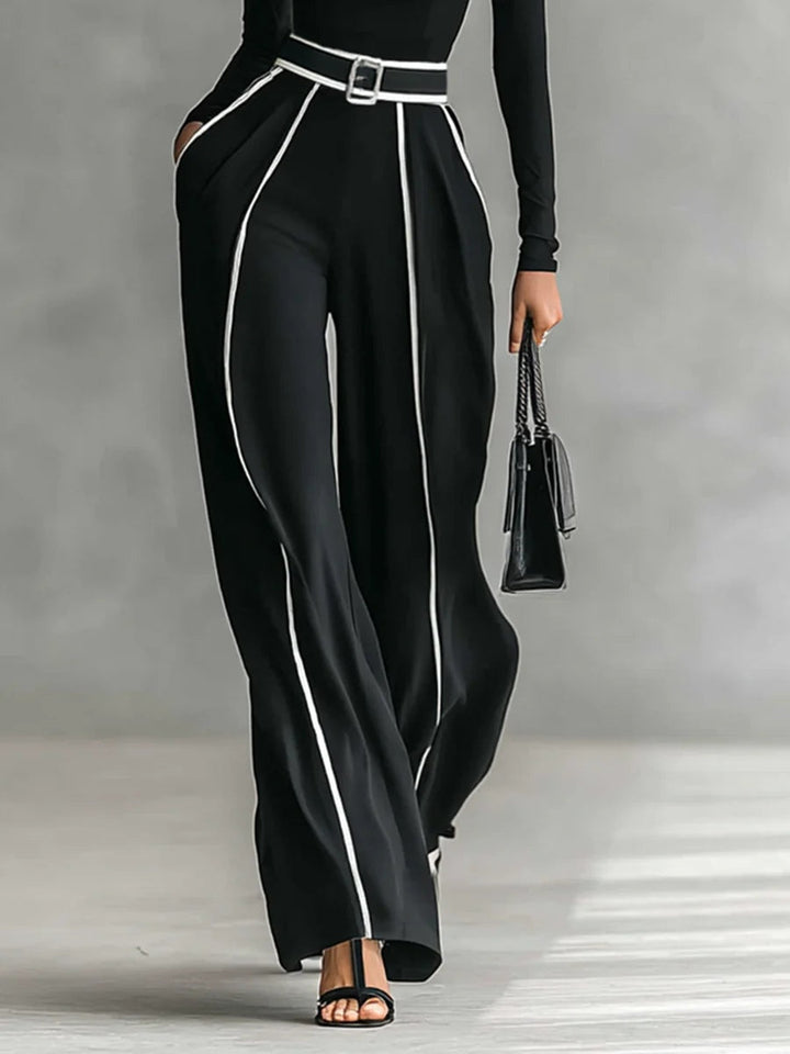 Solana™ - Set of High Neck Top with Long Sleeves and Wide Leg Pants with Belt
