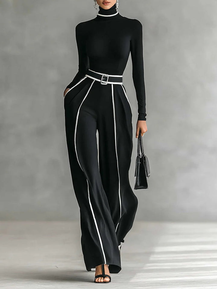 Solana™ - Set of High Neck Top with Long Sleeves and Wide Leg Pants with Belt