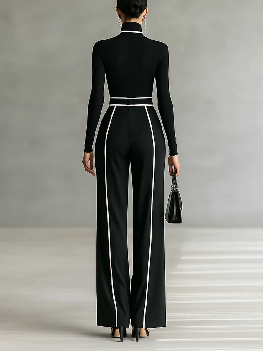 Solana™ - Set of High Neck Top with Long Sleeves and Wide Leg Pants with Belt