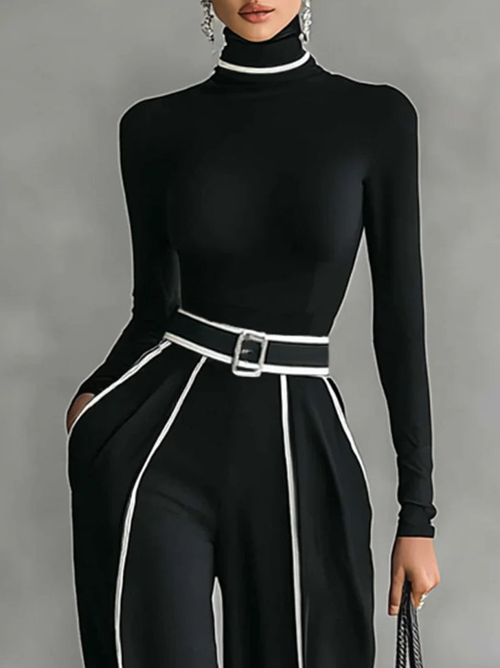 Solana™ - Set of High Neck Top with Long Sleeves and Wide Leg Pants with Belt